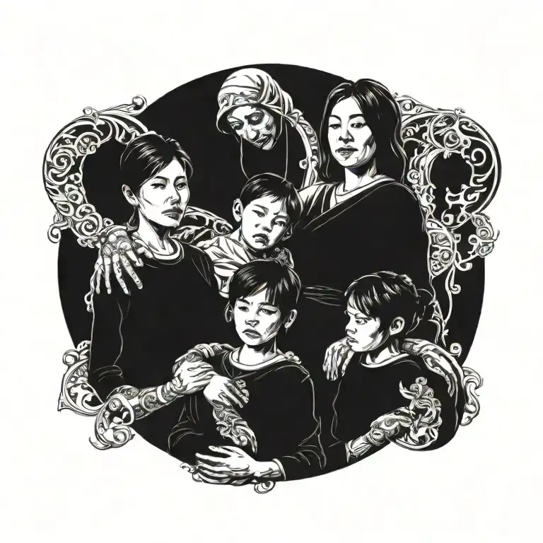 A family portrait of a mother, son, and daughter dressed in humble family attire, symbolizing unity and love tattoo design idea