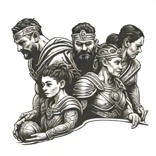 A family portrait tattoo with the client's wife and children in gladiator attire, symbolizing strength and unity tattoo design idea