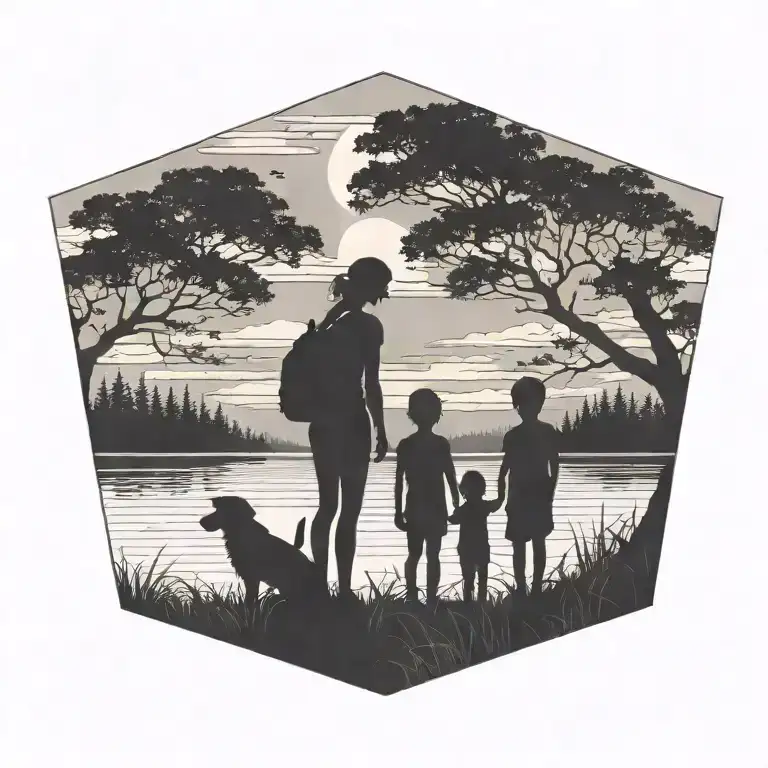 A silhouette of a mother with her son and daughter waiting for the father to return home, set against a backdrop of a serene nature scene tattoo design idea