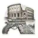 An abstract design featuring elements of the Colosseum, a sniper rifle, and the client's family members, showcasing their diverse interests and passions tattoo design idea