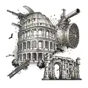 An abstract design featuring elements of the Colosseum, a sniper rifle, and the client's family members, showcasing their diverse interests and passions tattoo design idea