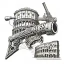 An abstract design featuring elements of the Colosseum, a sniper rifle, and the client's family members, showcasing their diverse interests and passions tattoo design idea