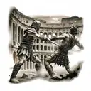 A gladiator fighting in the Colosseum with a Japanese temple in the background tattoo design idea