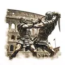 A gladiator fighting in the Colosseum with a Japanese temple in the background tattoo design idea
