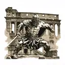 A gladiator fighting in the Colosseum with a Japanese temple in the background tattoo design idea