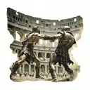 A gladiator fighting in the Colosseum with a Japanese temple in the background tattoo design idea