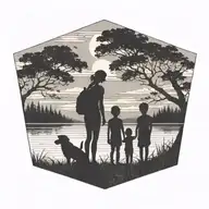A silhouette of a mother with her son and daughter waiting for the father to return home, set against a backdrop of a serene nature scene tattoo design idea