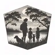 A silhouette of a mother with her son and daughter waiting for the father to return home, set against a backdrop of a serene nature scene tattoo design idea