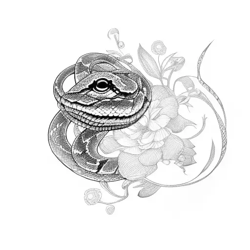 snake behind womens face with flowers  tattoo design idea