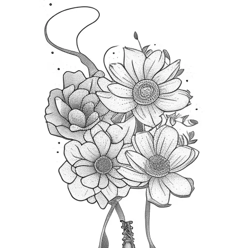 A hiking boot stepping on a trail of blooming flowers tattoo design idea