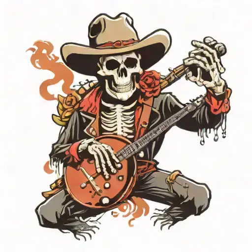 Skeleton Cowboy smoking joint. Roses logo playing a heavy metal drum set tattoo design idea