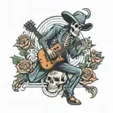 Skeleton Cowboy standing and smoking joint. Roses logo playing electric guitar tattoo design idea