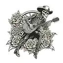 Skeleton Cowboy standing and smoking joint. Roses logo playing electric guitar tattoo design idea