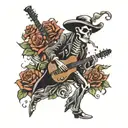 Skeleton Cowboy standing and smoking joint. Roses logo playing electric guitar tattoo design idea