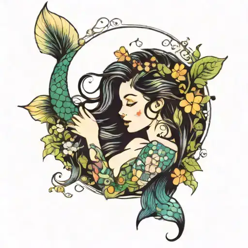 mermaid with tiny flowers and plants around her, with long wavy hair  tattoo design idea