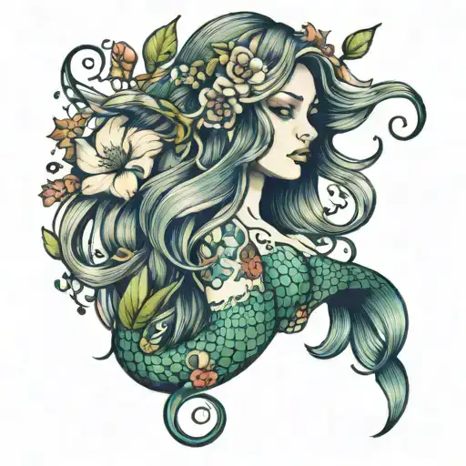 whole body mermaid with tiny flowers and plants around her, with long wavy hair facing front tattoo design idea
