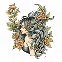 mermaid with tiny flowers and plants around her, with long wavy hair  tattoo design idea