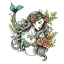 mermaid with tiny flowers and plants around her, with long wavy hair  tattoo design idea