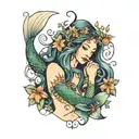mermaid with tiny flowers and plants around her, with long wavy hair  tattoo design idea