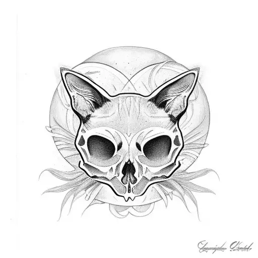 cat skull witj sunflowers tattoo design idea