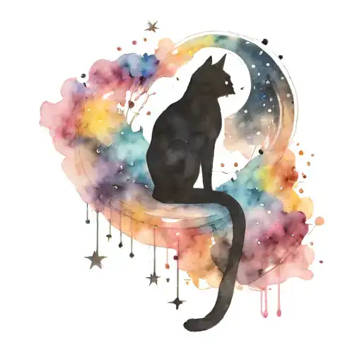 black cat silhouette surrounded by starry night sky tattoo design idea