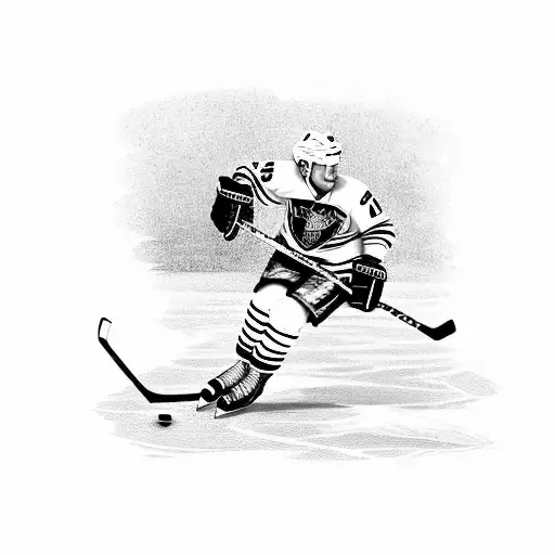  a hockey player skating on a frozen lake with mountai tattoo design idea