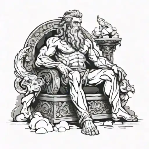 A modern interpretation of Zeus sitting on his throne in Mount Olympus, with a touch of futuristic elements tattoo design idea