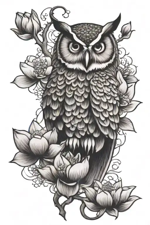 owl and lotus flower blooming cherry blossom tattoo design idea