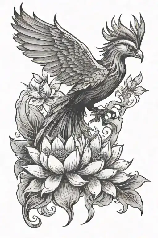 phoenix and lotus flower blooming tattoo design idea
