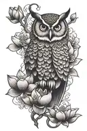owl and lotus flower blooming cherry blossom tattoo design idea