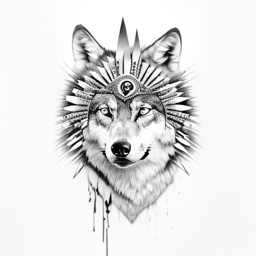 pretty gorgeous american woman with war paint and wolf headdress tattoo design idea