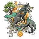 the 4 elements, surrounded by rainforest trees with a fire and wolf and a dragon flying above the moon tattoo design idea