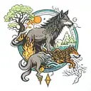 the 4 elements, surrounded by rainforest trees with a fire and wolf and a dragon flying above the moon tattoo design idea