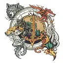 the 4 elements, surrounded by rainforest trees with a fire and wolf and a dragon flying above the moon tattoo design idea