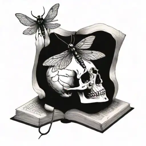 Skull with dragonfly perched atop open book open in front  tattoo design idea