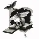 Skull with dragonfly perched atop open book open in front  tattoo design idea