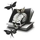 Skull with dragonfly perched atop open book open in front  tattoo design idea