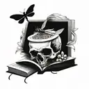 Skull with dragonfly perched atop open book open in front  tattoo design idea