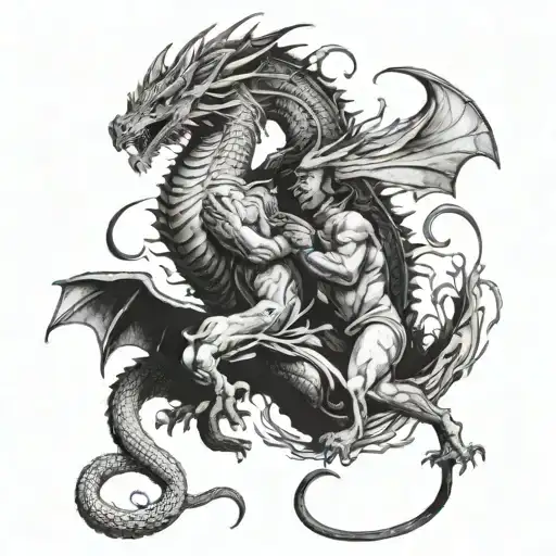 A fierce battle between Daemon Targaryen and Caraxes against the dragon Vegar and Prince Daemon Targaryen tattoo design idea