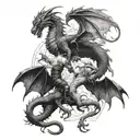 A fierce battle between Daemon Targaryen and Caraxes against the dragon Vegar and Prince Daemon Targaryen tattoo design idea