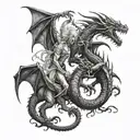 A fierce battle between Daemon Targaryen and Caraxes against the dragon Vegar and Prince Daemon Targaryen tattoo design idea