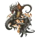 A fierce battle between Daemon Targaryen and Caraxes against the dragon Vegar and Prince Daemon Targaryen tattoo design idea