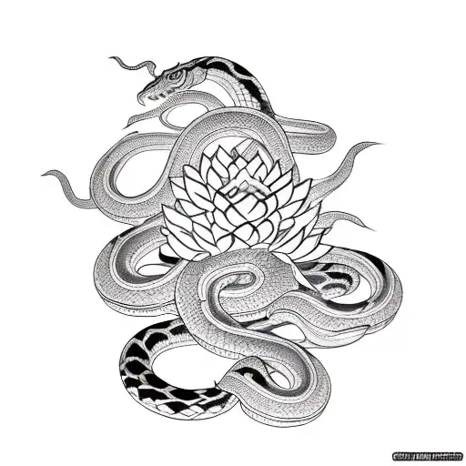 snakes with lotus flowers and thorns tattoo design idea