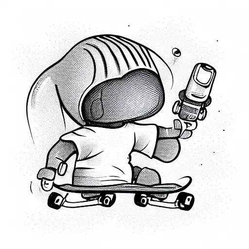 small cute alien on a skateboard wearing earbuds tattoo design idea