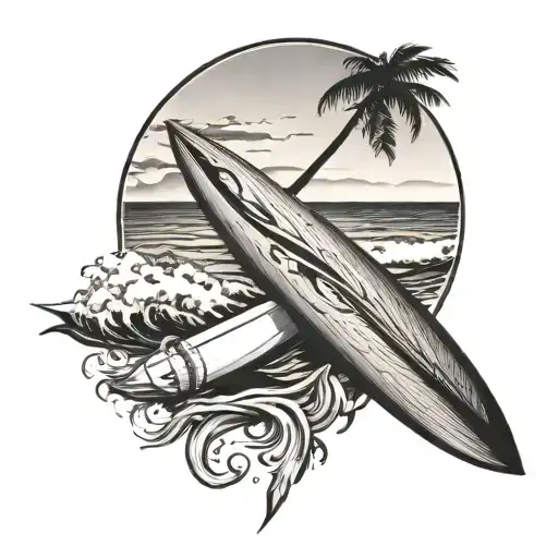 PLAGE AVEC UNE PETITE PLANCHE DE SURF AUTOUR D'UN ROND. AU DESSUS IL Y A UNE CROIX CHRETIENNE ET DES AILES D'ANGE tattoo design idea