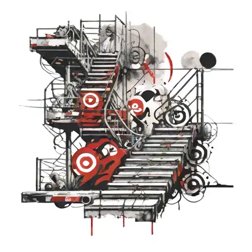 stair case over ocean with a boy walking up. at the end is an atheist symbol.  tattoo design idea