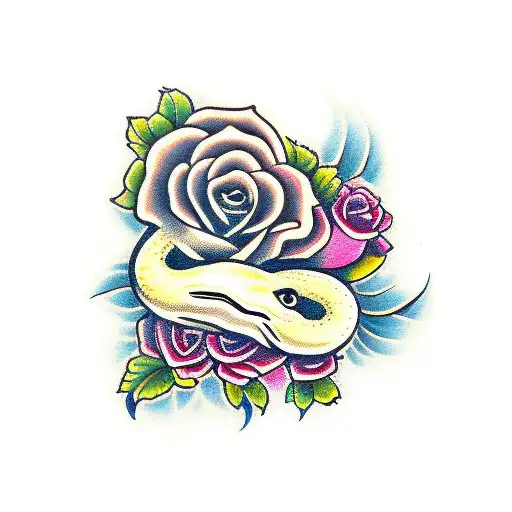 snake with roses traditional tattoo design idea