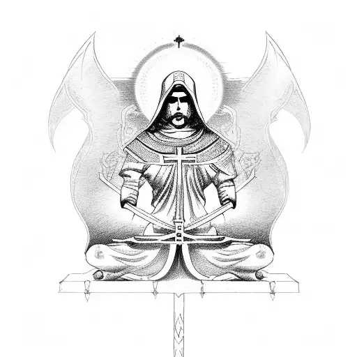 The holy death seated, covered with monastic habit, with her guaduna and symbols that represent justice and symbols agai tattoo design idea