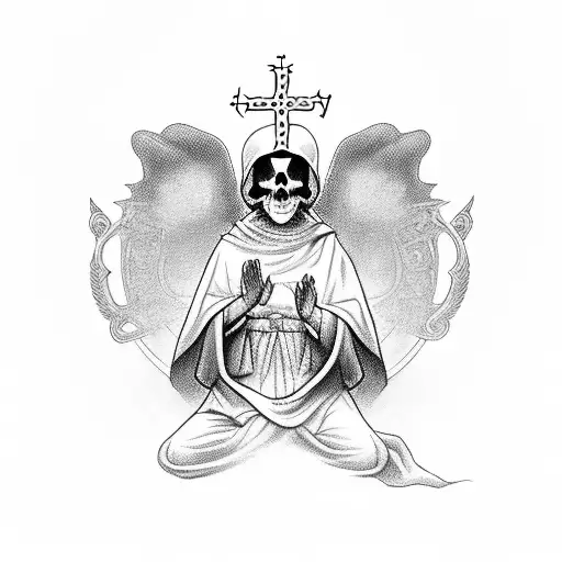 The holy death seated, covered with monastic habit, with her guaduna and symbols that represent justice and symbols agai tattoo design idea