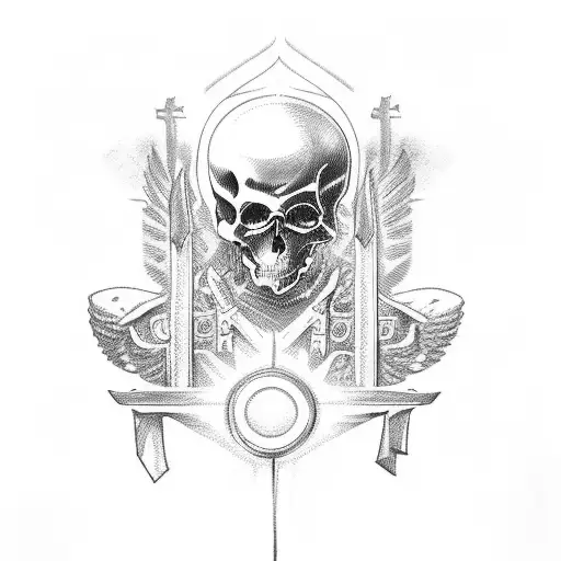 The seated holy death, with symbols that represent justice and Catholic symbols against evi tattoo design idea